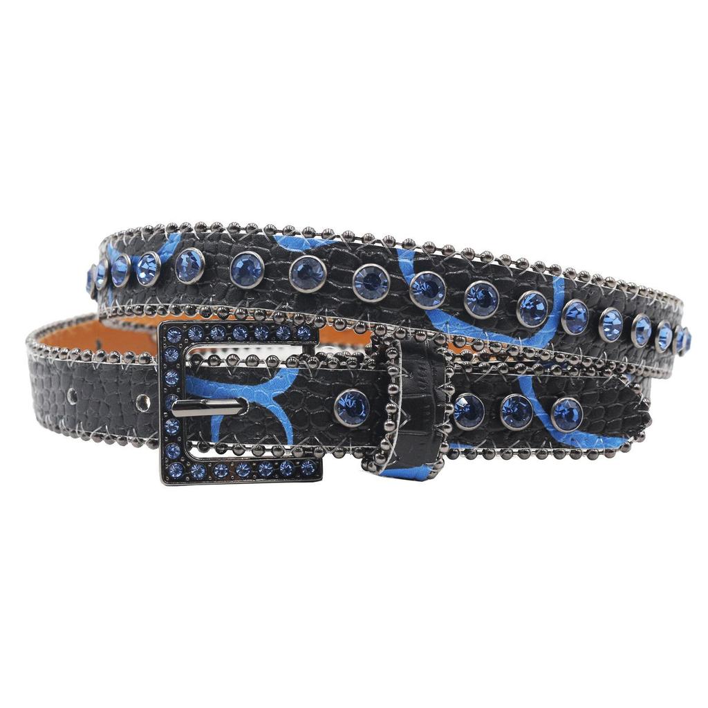 High-end Women's Patterned 2.3 Leather Belt with Pin Buckle and Rhinestones – European & American Punk Style.