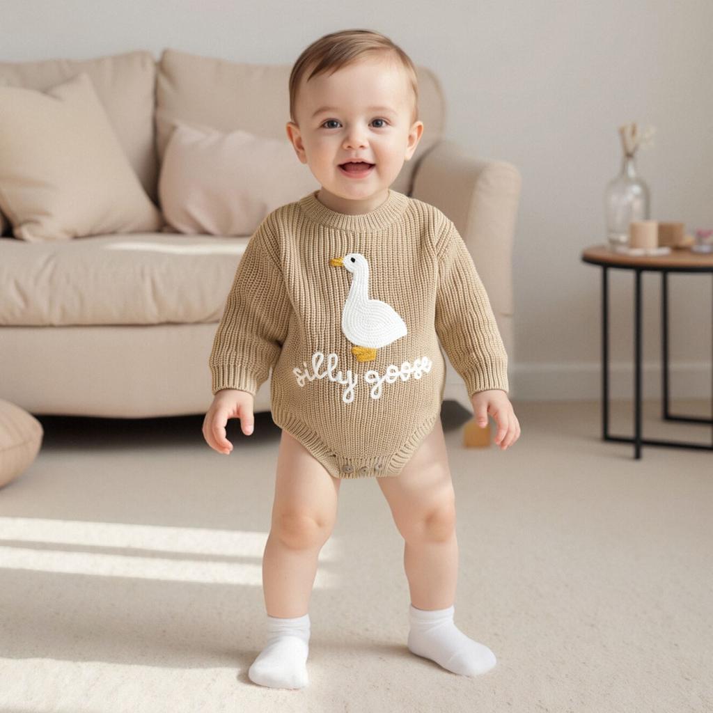Infant Baby Knitted Rompers Cute Long Sleeve Round Neck White Goose Letter Embroidery Jumpsuit