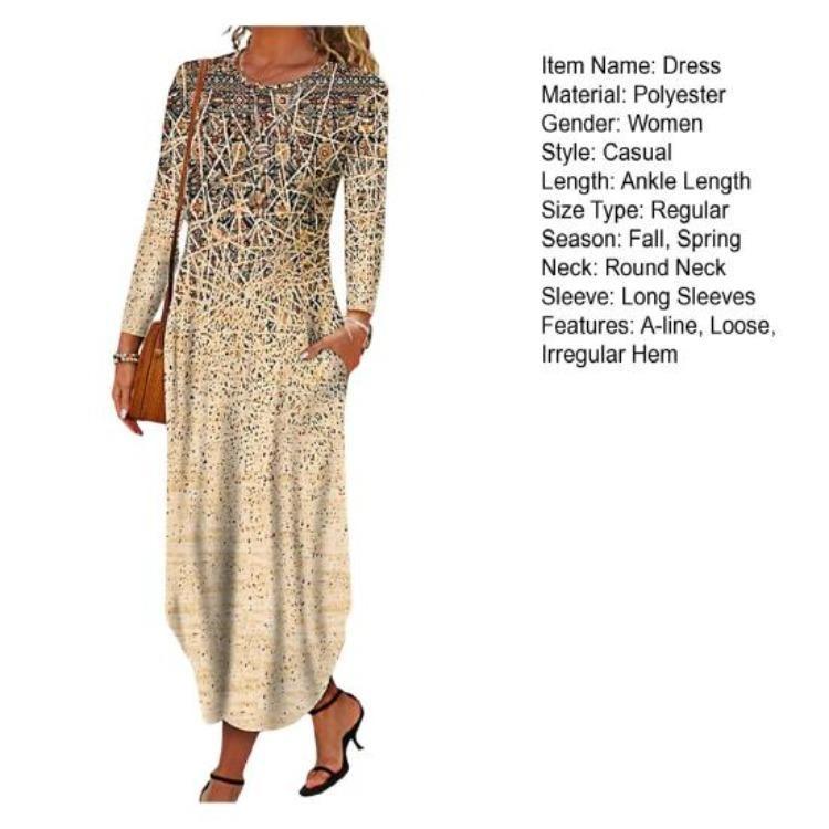 Long Sleeve Maxi Dress with Pockets Women Loose A Line O Neck Printing Dress for Dating Commuting Spring Fall Irregular Hem