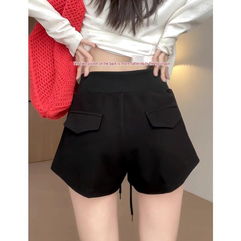 Women's Plus Size Low-Waist Black Drawstring Sports Shorts - Spicy, Slimming, Hip-Hugging, Casual Hot Pants for Autumn