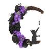 Halloween Moon Cat Wreath for Front Door Crescent Moon Wreath Sign with Artificial Rose Flowers for Gothic Home Decoration