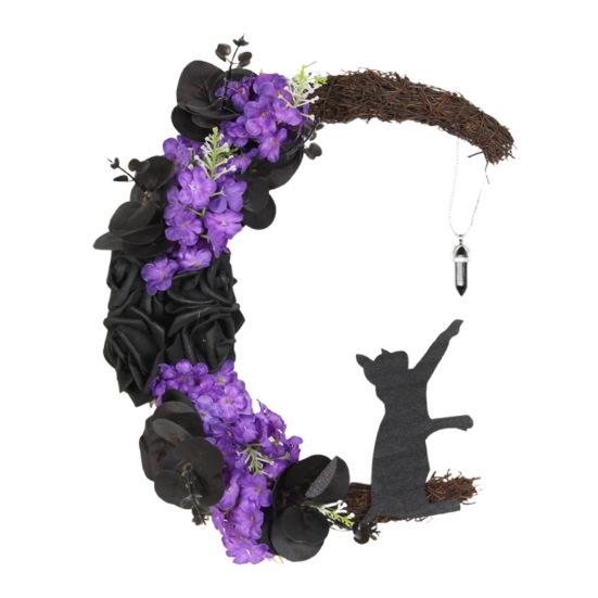 Halloween Moon Cat Wreath for Front Door Crescent Moon Wreath Sign with Artificial Rose Flowers for Gothic Home Decoration