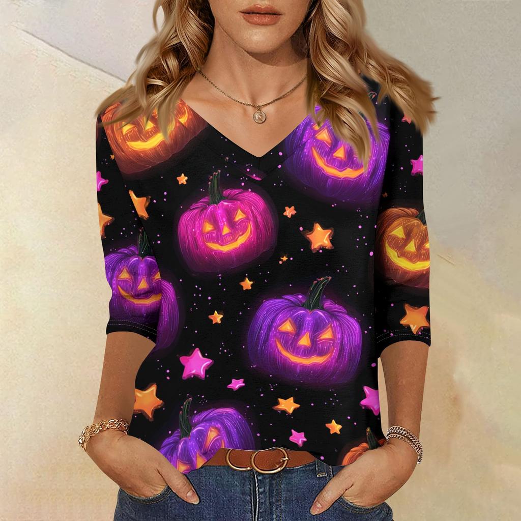 Women's Casual Halloween Print V Neck Three Quarter Sleeve Top Lightweight Soft Fabric Stylish Fit Comfortable Design