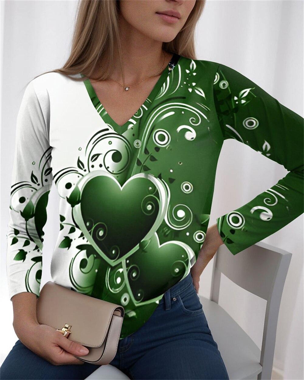 

Топ с V-образным вырезом, 3D-цветком и принтом Love, повседневная женская футболка с длинным рукавом - Мягкая ткань из полиэстера средней эластичности, одежда свободного кроя для весны и осени 5XL