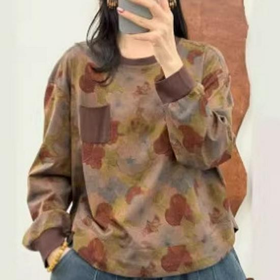 Women's Casual Spring Print Long Sleeve Cotton Pullover Top