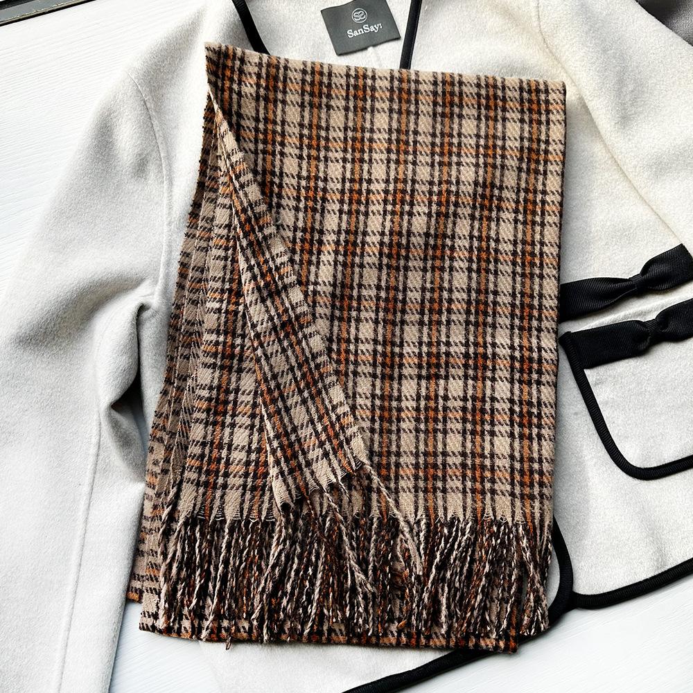 Soft waxy and thick plaid imitation cashmere scarf for women, warm fringed shawl in winter, couple scarf tide