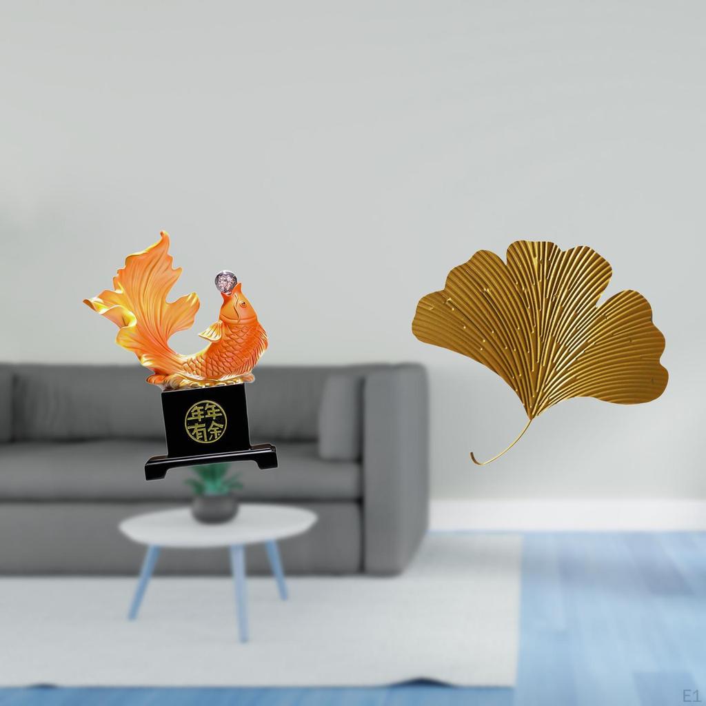 Modern Carp Resin Sculpture And Wrought Iron Ginkgo Leaves Abstract Wall Decor for Bedroom Office