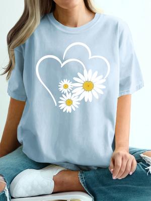 Summer Women's Plus Size T-Shirt Original Design Fashion Heart Flower Pattern Print Women's Casual Round Neck Short Sleeved Tops