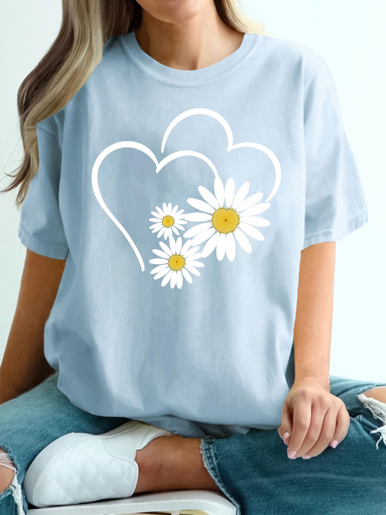 

Summer Women s Plus Size T-Shirt Original Design Fashion Heart Flower Pattern Print Women s Casual Round Neck Short Sleeved Tops 3XL синій