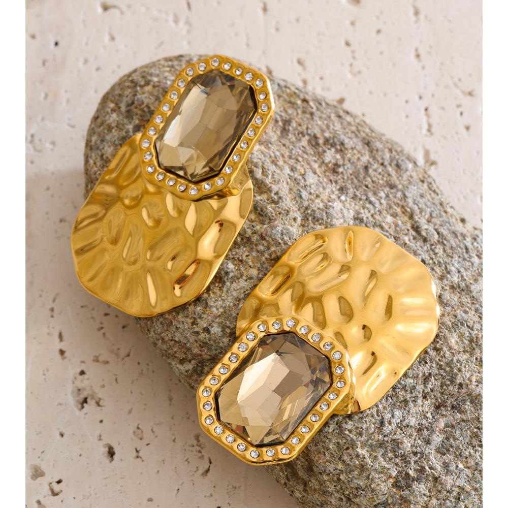Eetit Gray Crystal Square Big Stud Earrings 18K Golden Plated Stainless Steel Trendy Statement Wear Jewelry Water Resistant