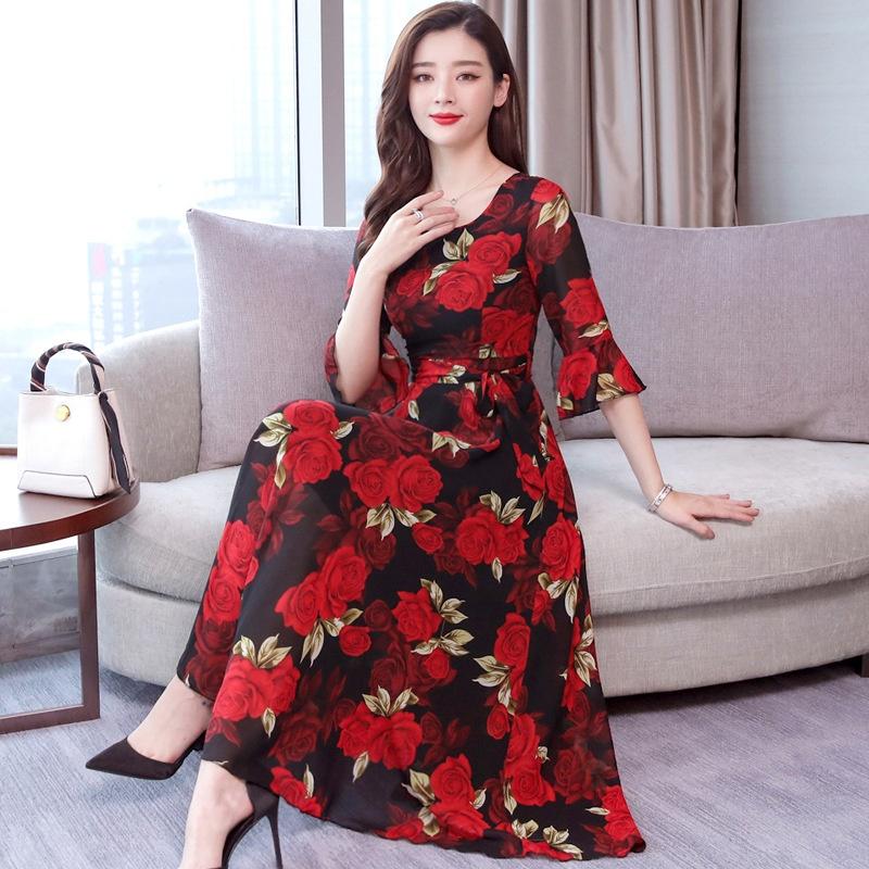 Summer Print Large Size Dress Long Paragraph Fashion Slim Big Swing Beach Skirt Female