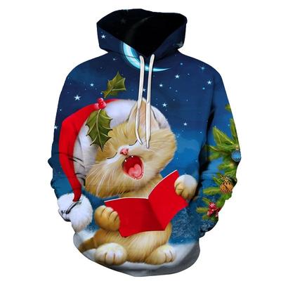 Men's and Women's Christmas Cat Hooded Sweatshirts, Fashionable Clothing, Fun Children's Animal Print Outerwear, Harajuku Large