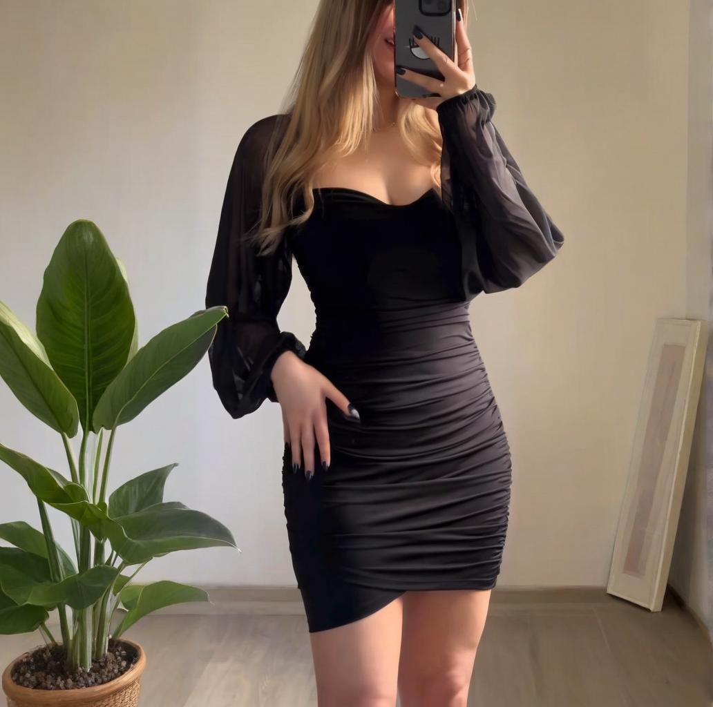 

2025 Европейское и американское платье-бодикон с квадратным вырезом, длинным рукавом, сексуальное и облегающее для женщин Double Extra Large чёрный