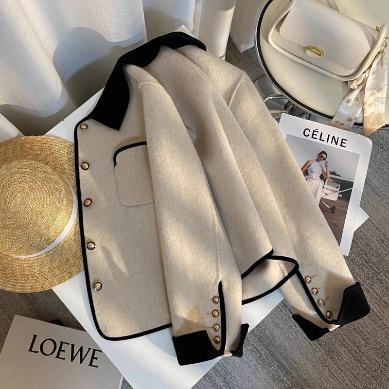 Womens Beige Double-Sided Wool Blend Short Coat Winter French Chic Casual Outerwear