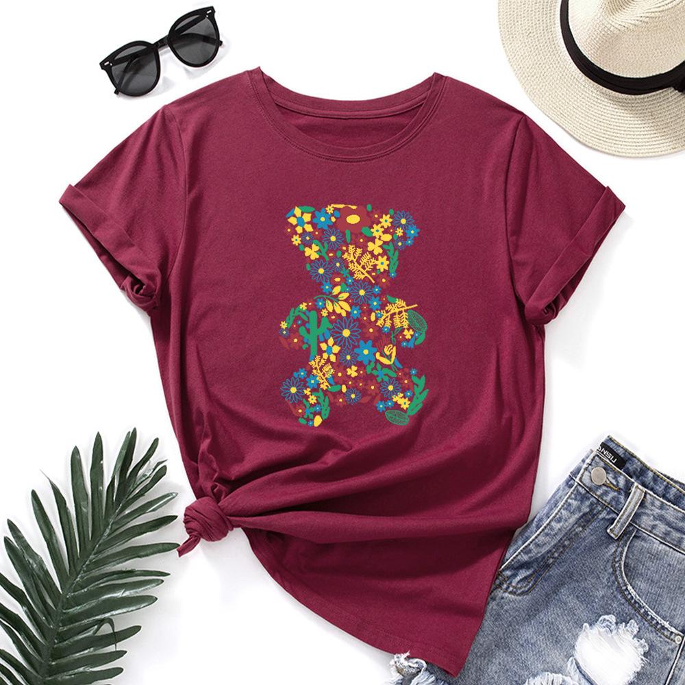 Fashion Cartoon Bear Cotton T-Shirt Short Sleeve Round Neck Women 2d Print Tops