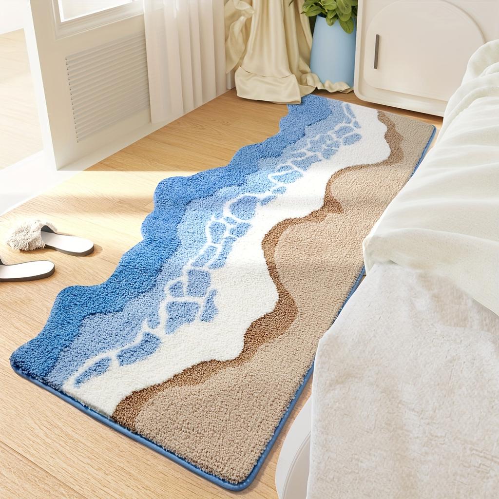 1pc Dajang Plush Bath Mat - Non-Slip, Absorbent, Machine Washable Polyester Bath Mat with Ocean Wave Design, Blue & White,Perfect for Bathroom,Toilet