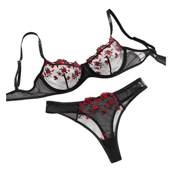 2Pcs/Set Sexy Floral Embroidered Bra Briefs Set Adjustable Straps Cut Out Unpadded Underwear with Mid-Rise Panties