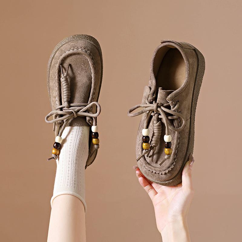 CRLAYDK Suede Shoes for Women Suede String Bead Ethnic Style Slip On Loafers Ladies Winter Outdoor Walking Antislip Sneakers