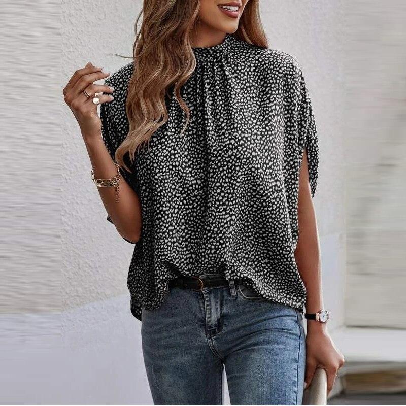 Koszule damskie 2023 Lato Casual Jednolity kolor i nadruk Bluzka Moda Podzielone Krótkie rękawy Bluzki Okrągły kołnierz Ubrania 26305