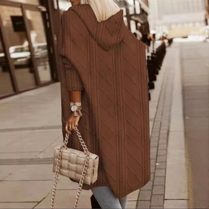 2024 Autumn/Winter Women's Hooded Cable Knit Long Trench Coat with Pockets