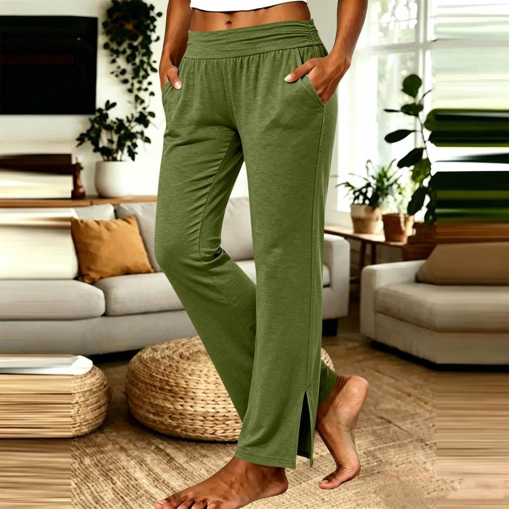 Women's Casual High Waist Straight Leg Pants with Pockets and Side Slit Hem