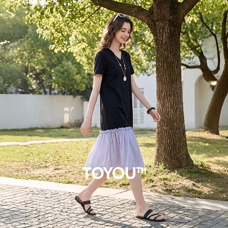 Chuyu 2026 Summer Color-Block Ruffle T-Shirt Dress S