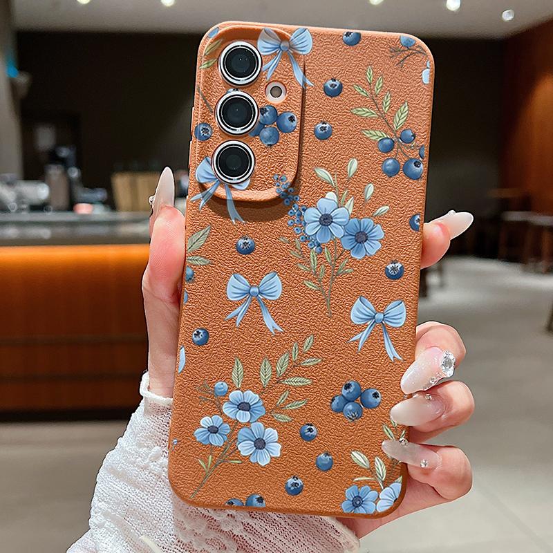 Blaubeer-Schleifen Blumiges Case Für Samsung S26 S25 S24 Ultra S23 S22 S21 FE A15 A16 A17 A26 A35 A36 A37 A54 A55 A56 A57 5G Lederstruktur Abdeckung
