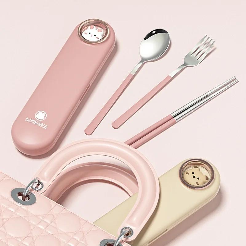 Přenosná sada příborů s pouzdrem Camping Kawaii Cestovní Studentské Nádobí pro Děti Nerezová Lžíce Vidlička Hůlky S Krabičkou