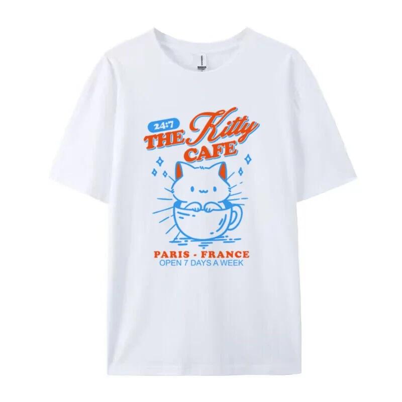 

Kitty Cafe Graphic Tees Retro Style Coffee TShirts Oversized Cat Mom Shirt Women Cute Aesthetic Tops Funny Cat Lover T Shirt S