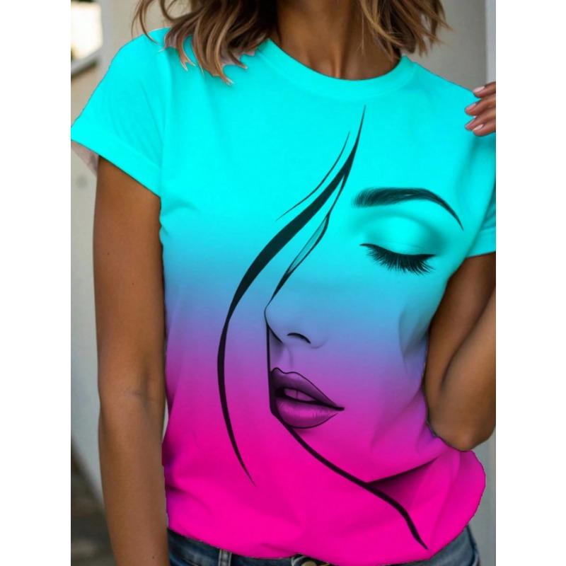Summer Round Neck 3D Facial Depiction Pattern Print Top Fashionable Casual Short Sleeved Women's T-shirts