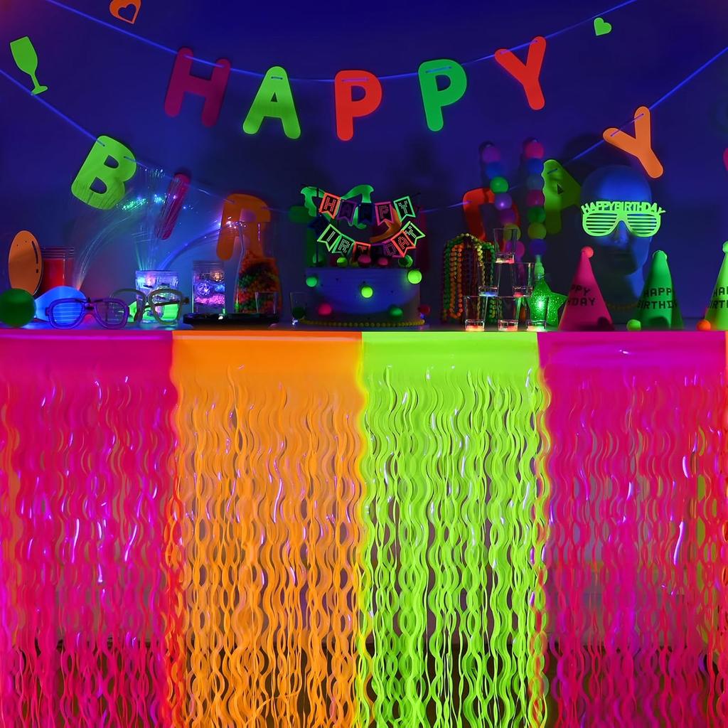 Mega-L Glow in The Dark Party Supplies, 2 Pack Neon Party Decorations Fluorescent Macaron Orange, Yellow and Fuchsia Wavy Metallic Tel Foil Fringe