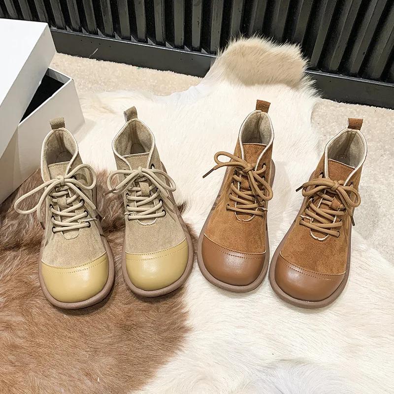 Damskie Botki Jesień/Zima Krótkie Botki Retro Miękka Podeszwa Okrągły Nosek Sznurowane Antypoślizgowe Płaska Podeszwa Zamszowe Patchworkowe Botki na Kostkę
