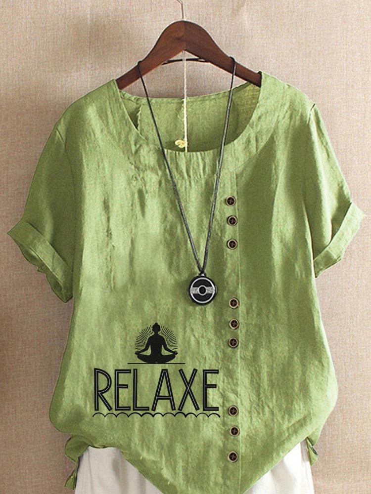 

Women s Fashion Relaxing Yoga Print Casual Cotton Linen Short Sleeve Round Neck T-shirt Shirt Leisure Loose Summer Blouse Tops 5XL