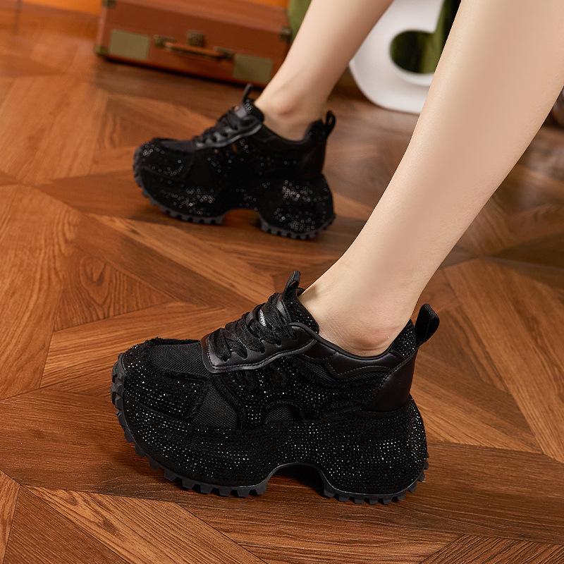 Fashion 2025 New 8.5cm Women's Chunky Sneakers Autumn Fashion Shiny Rhinestone Thick Bottom Shoes High Platform Ladies Sneaker Woman