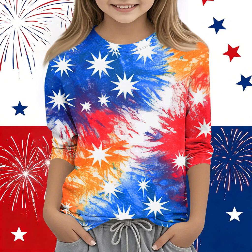 Print Tops For Youth Girls Round Neck 3/4 Sleeves T-Shirts Trendy Tops Outfit Tees Independence Day