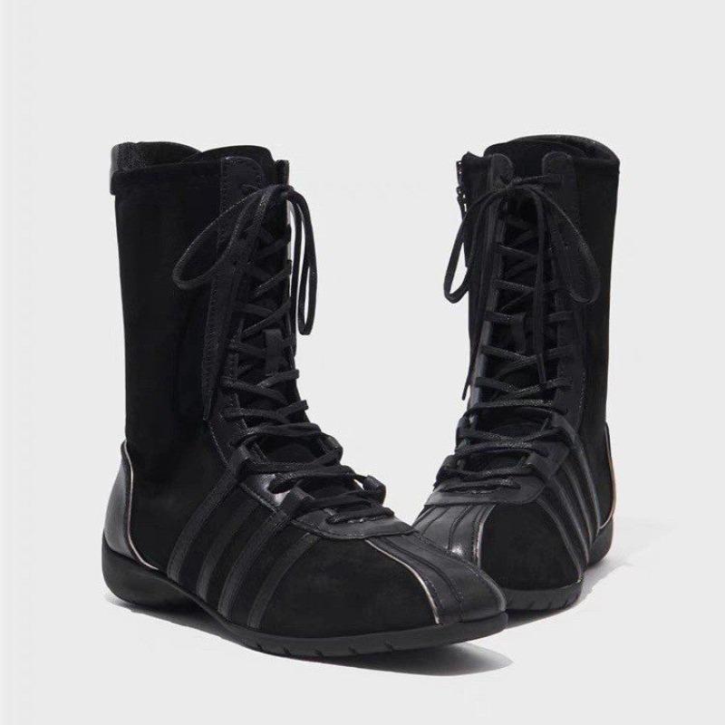 Fashion Low Heel Single Boots Autumn New Round Toe Spliced Front Lace-Up Side Zipper Anti-Slip Wear-Resistant Mid-Tumble Boots