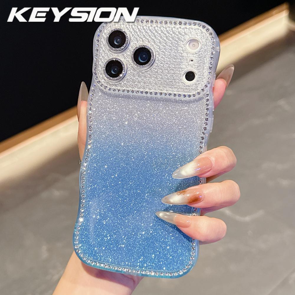 KEYSION Gradient Glitter Jewelled Phone Case for iPhone 16 17 Pro Max Air 16 Plus Wavy Border Lens Protector Shockproof Cover