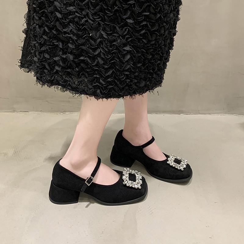 French Thick Heel Mary Jane Shoes Women's Spring New with Skirt Rhinestone Single Shoes Evening Breeze Fairy Style Heels