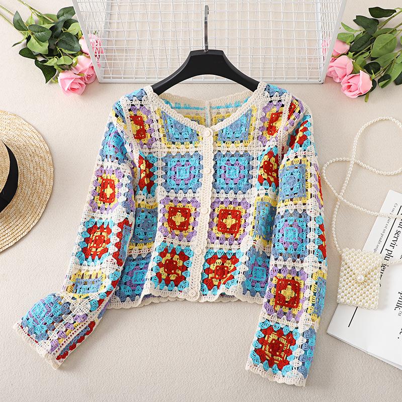 Retro Chic V-Neck Crochet Cardigan - Women's Lightweight Long Sleeve Summer Top