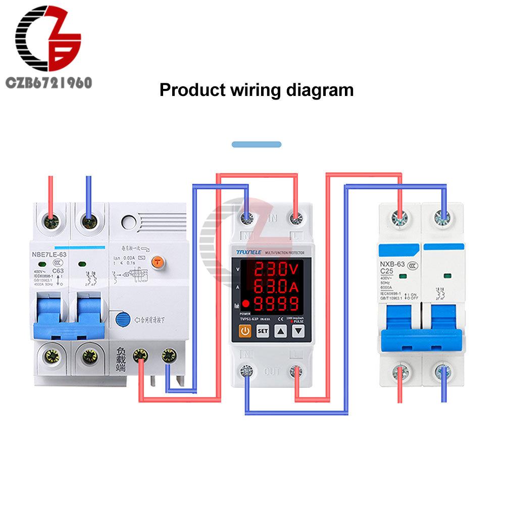63A 230V 3 in 1 Display Din Rail Adjustable Over Under Voltage Surge Protector Relay Over Current Protect Kwh Power Watt Meter