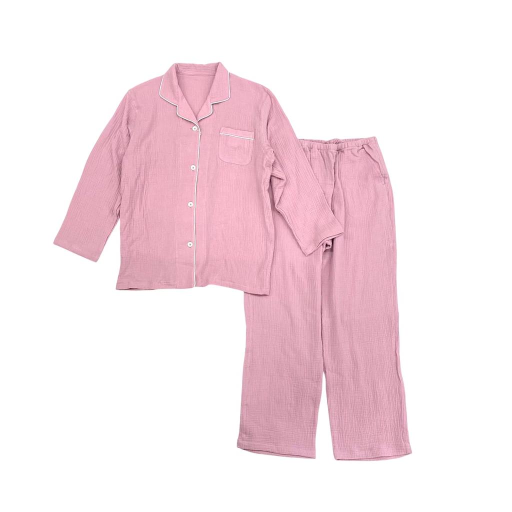 Takihyo Pajama Double Long Open with Pants Pink Women's Set, 100% Cotton, Gauze, Wrinkle-Finish, Sleeves, Front, Loungewear, Pockets,