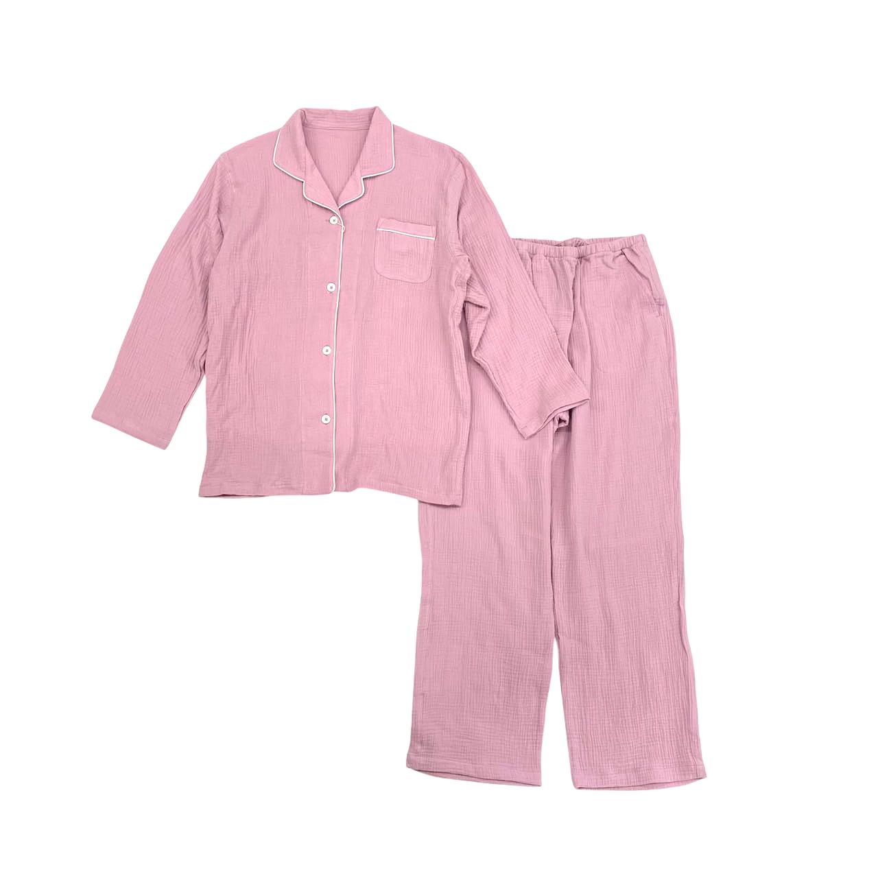 

Takihyo Pajama Double Long Open with Pants Pink Women s Set, 100% Cotton, Gauze, Wrinkle-Finish, Sleeves, Front, Loungewear, Pockets, розовый