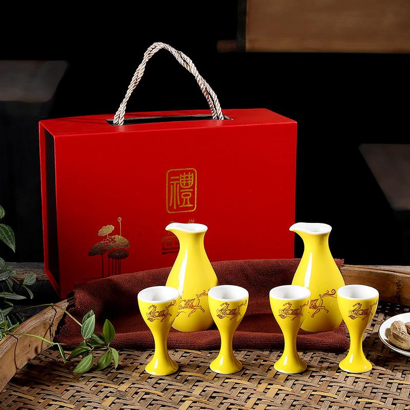 6Pcs/set Ceramics Chinese Style Sake Pot Cups Set 2 Pots 4 Cups Home Restaurant Party Drinking Barware Set Friend Gift Box New