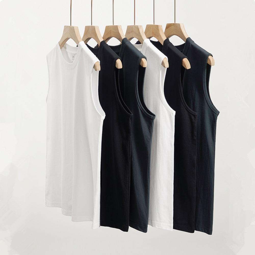 Summer 100% Cotton Men's Vest Casual Wide Shoulder O-Neck Sleeveless Tops Universal Solid Color Sports Fitness Loose Tank