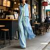 Women's 2 Piece Sets Color Block Sleeveless Button Down Shirts Matching Long Pants with Pockets Summer Casual Vacation Outfits
