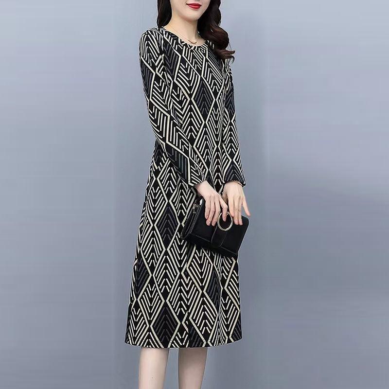 Vintage Fashion Geometric Printed Long Sleeve Dresses for Women Spring Autumn Ladies Round Neck Slim Midi Dress Elegante Vestido