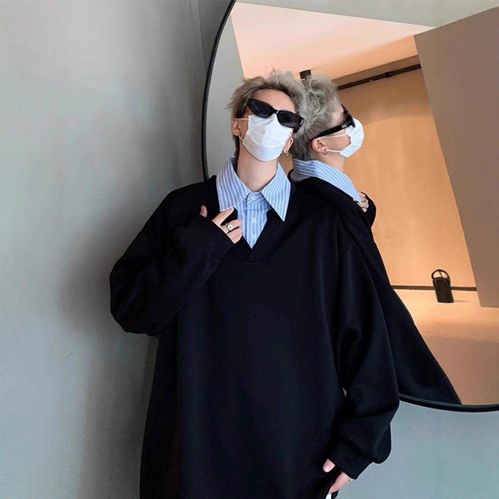 2025 Fashion Retro Fake Two-piece Splicing Lapel Sweater Men's Autumn Trendy Brand Loose Pullover Top