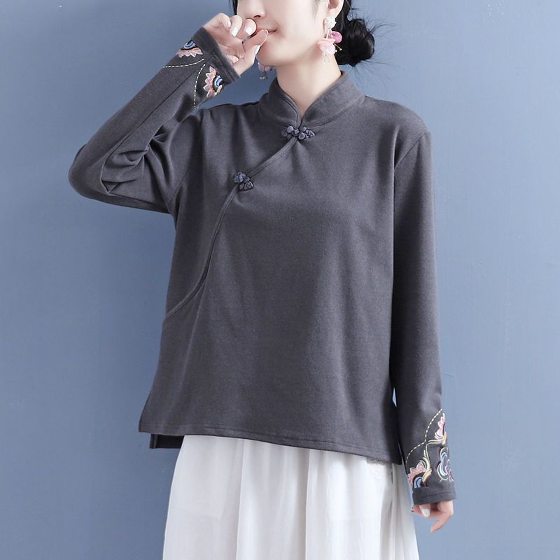 Catifea germană pe două fețe, broderie de toamnă și iarnă, cu guler în picioare, cu cataramă, pentru femei, în stil chinezesc, cămașă de rochie de ceai pentru femei