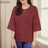 ZANZEA Women Casual Round Neck Solid Color 3/4 Sleeve Loose Blouse