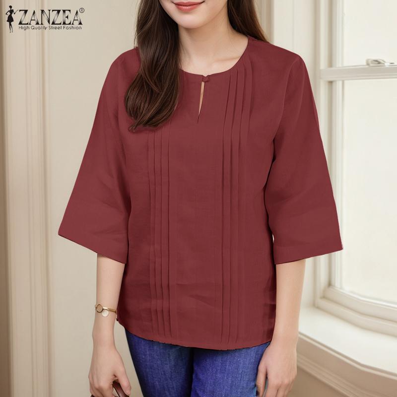 ZANZEA Women Casual Round Neck Solid Color 3/4 Sleeve Loose Blouse